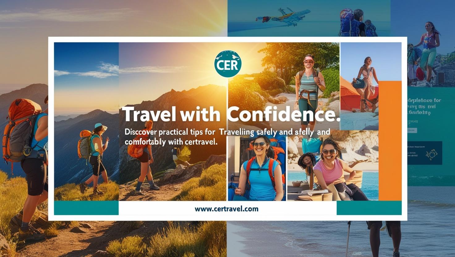 Create a banner for my website certravel.com_ travel with confidence, Discover practical tips for traveling safely and comfortably with Certravel.
