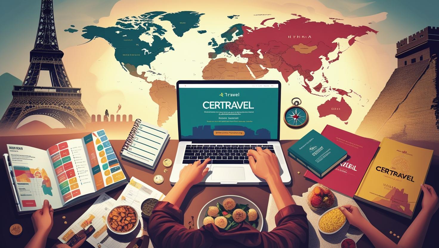 a meaningful and symbolic image representing general travel planning, tips, and cultural experiences, as featured on CerTravel.com. Show a traveler surrounded by travel tools_ an open map, a l